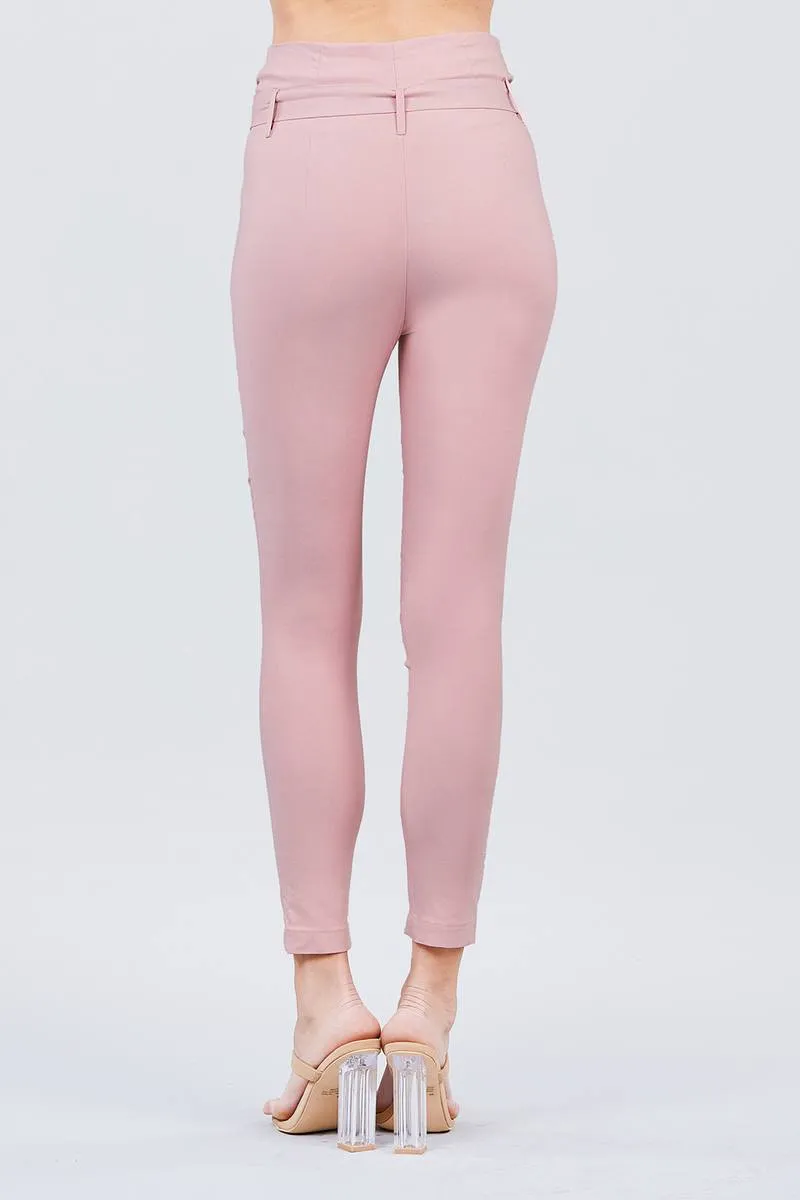 Solid High Waist Belted Stretch Pants in Several Colors