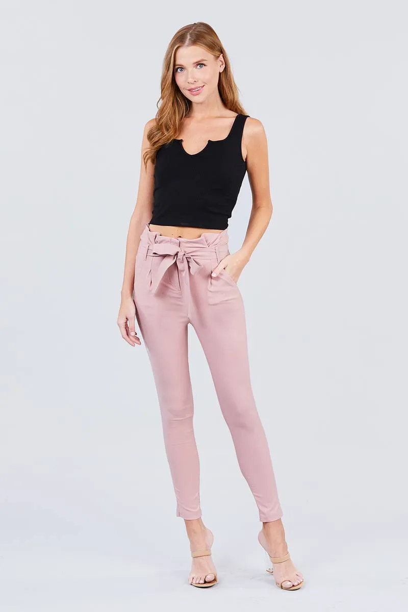 Solid High Waist Belted Stretch Pants in Several Colors