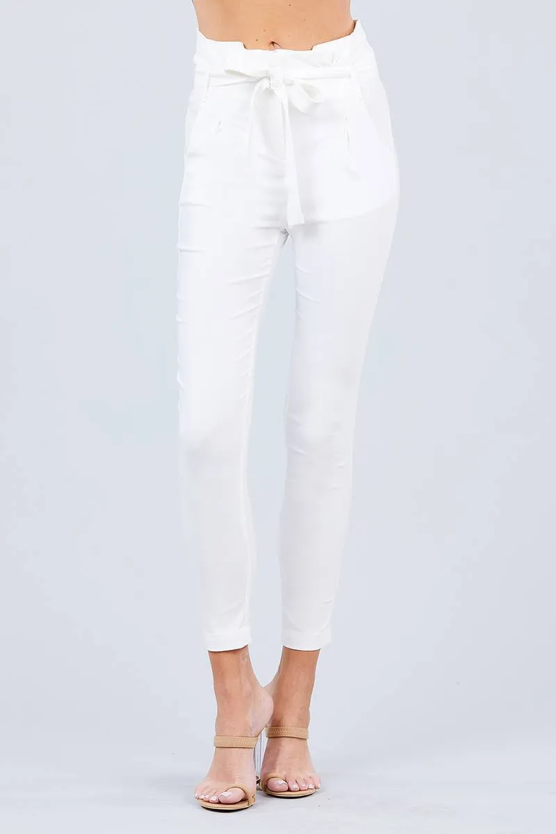 Solid High Waist Belted Stretch Pants in Several Colors