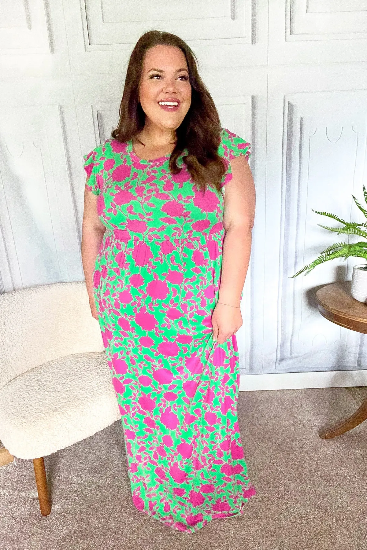 Stand Out Green & Fuchsia Floral Fit & Flare Maxi Dress