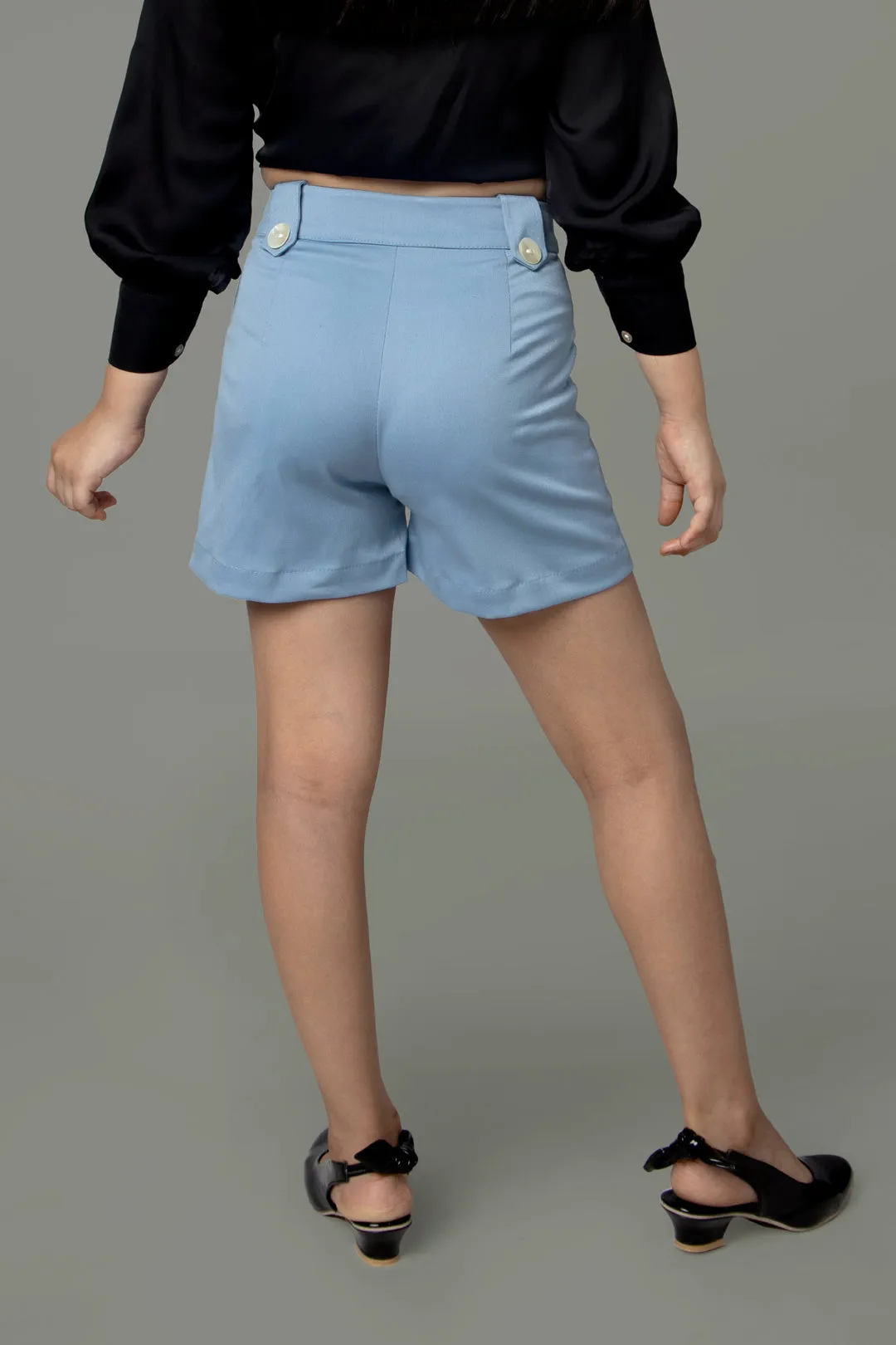 Stone Blue Front Pocket Shorts For Girls