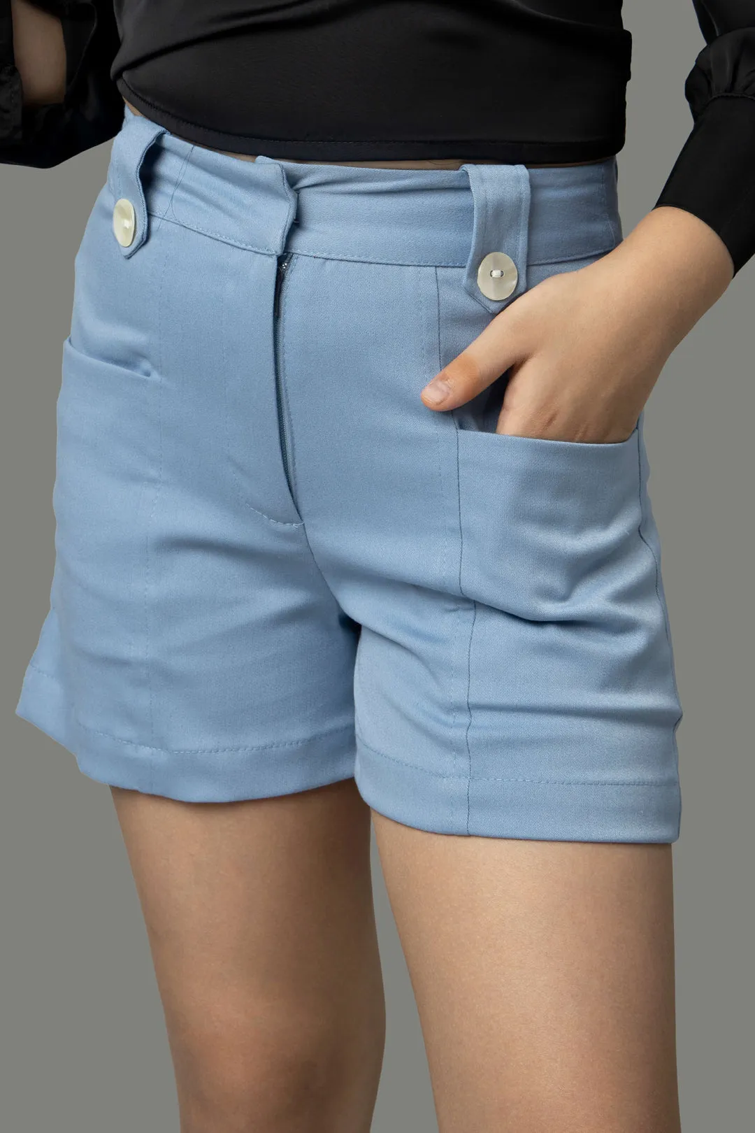 Stone Blue Front Pocket Shorts For Girls