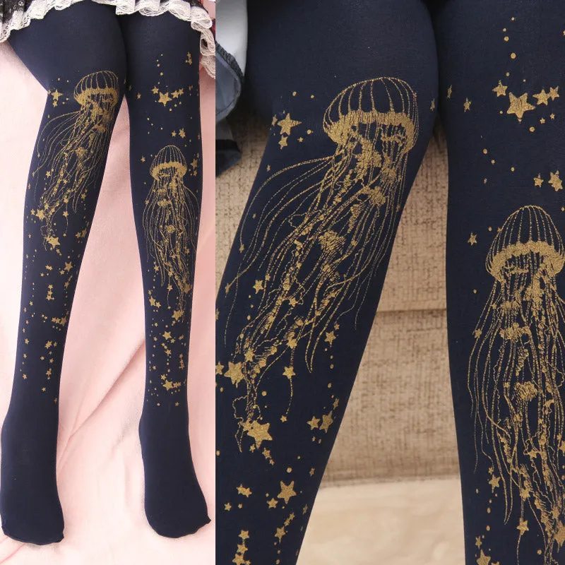 Sweet Jellyfish Printed Lolita Pantyhose Mori Girl Blue / Black Patterned Tights