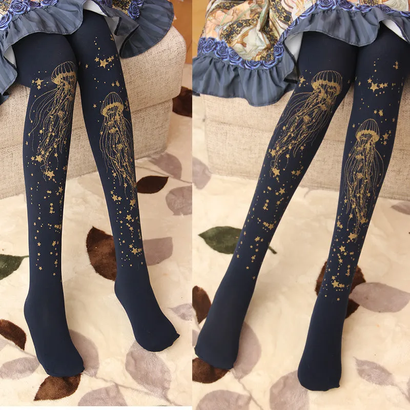 Sweet Jellyfish Printed Lolita Pantyhose Mori Girl Blue / Black Patterned Tights