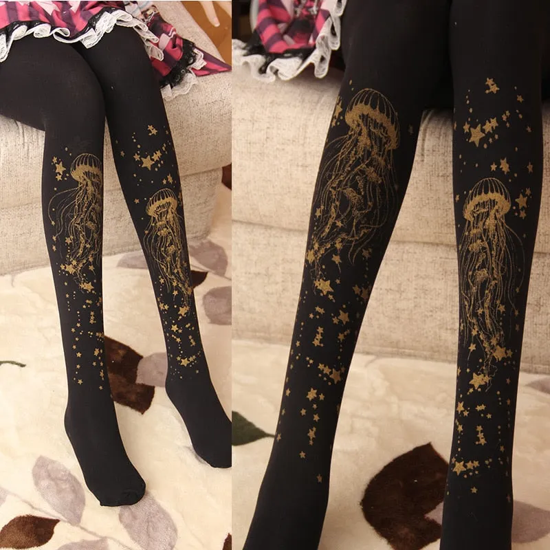 Sweet Jellyfish Printed Lolita Pantyhose Mori Girl Blue / Black Patterned Tights