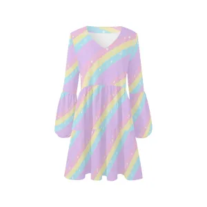 Teatime Fantasy Purple Rainbow V-Neck Loose Fit Chiffon Dress