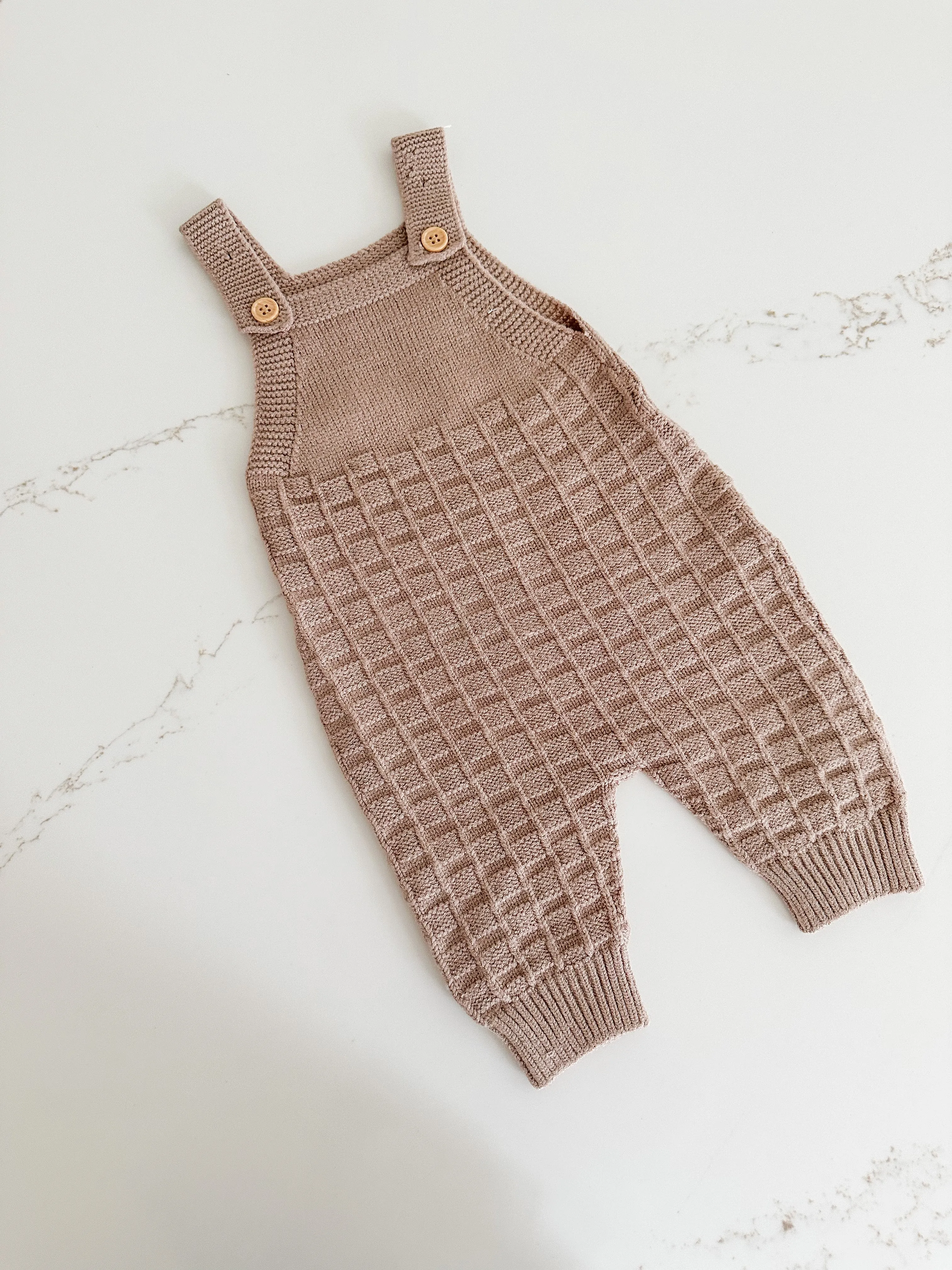 Textured Knit Overalls With Matching Hat - Coffee