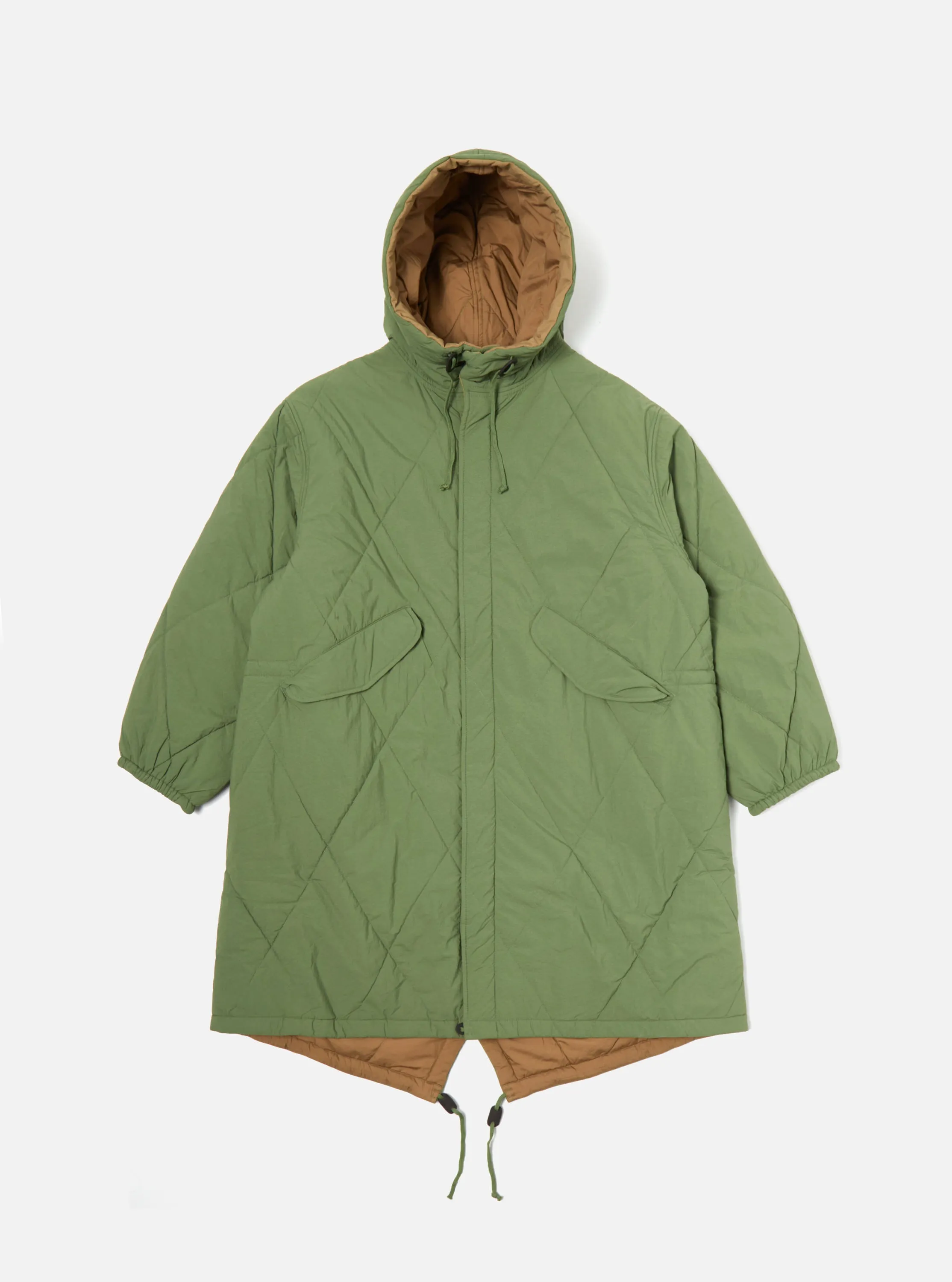 Universal Works Diamond Quilt Parka in Green Recycled Nylon