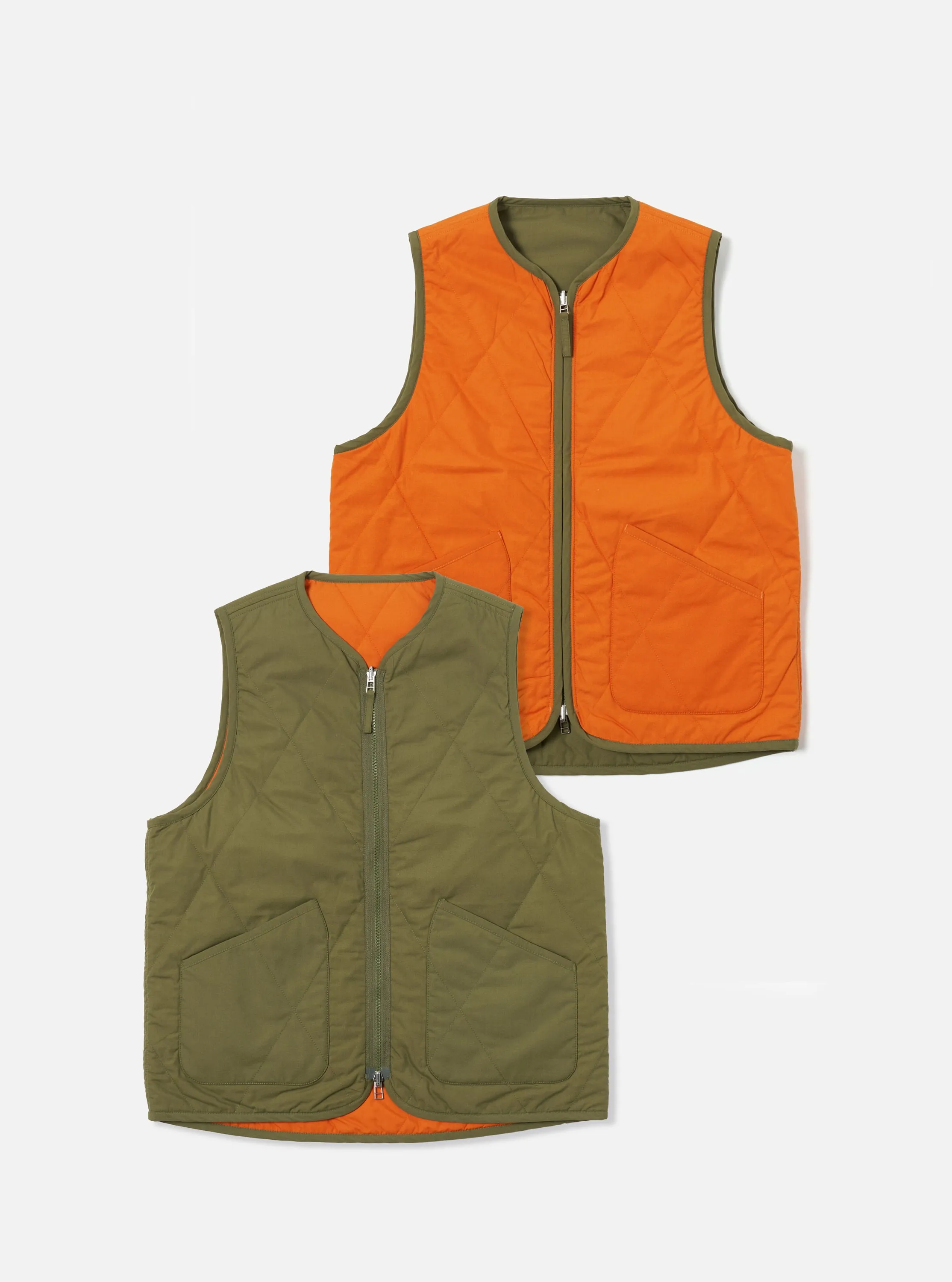 Universal Works Reversible Military Liner Gilet in Olive/Orange Recycled Polytech