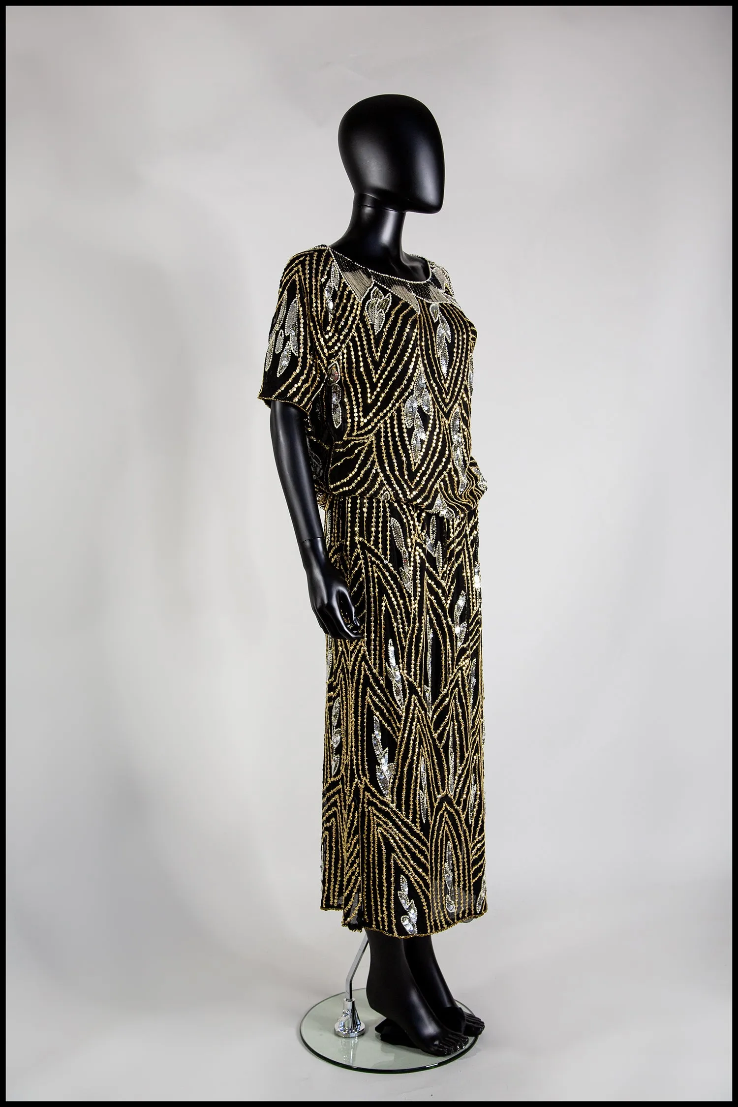 Vintage 1980s Gold Black Beaded Two Piece Dress