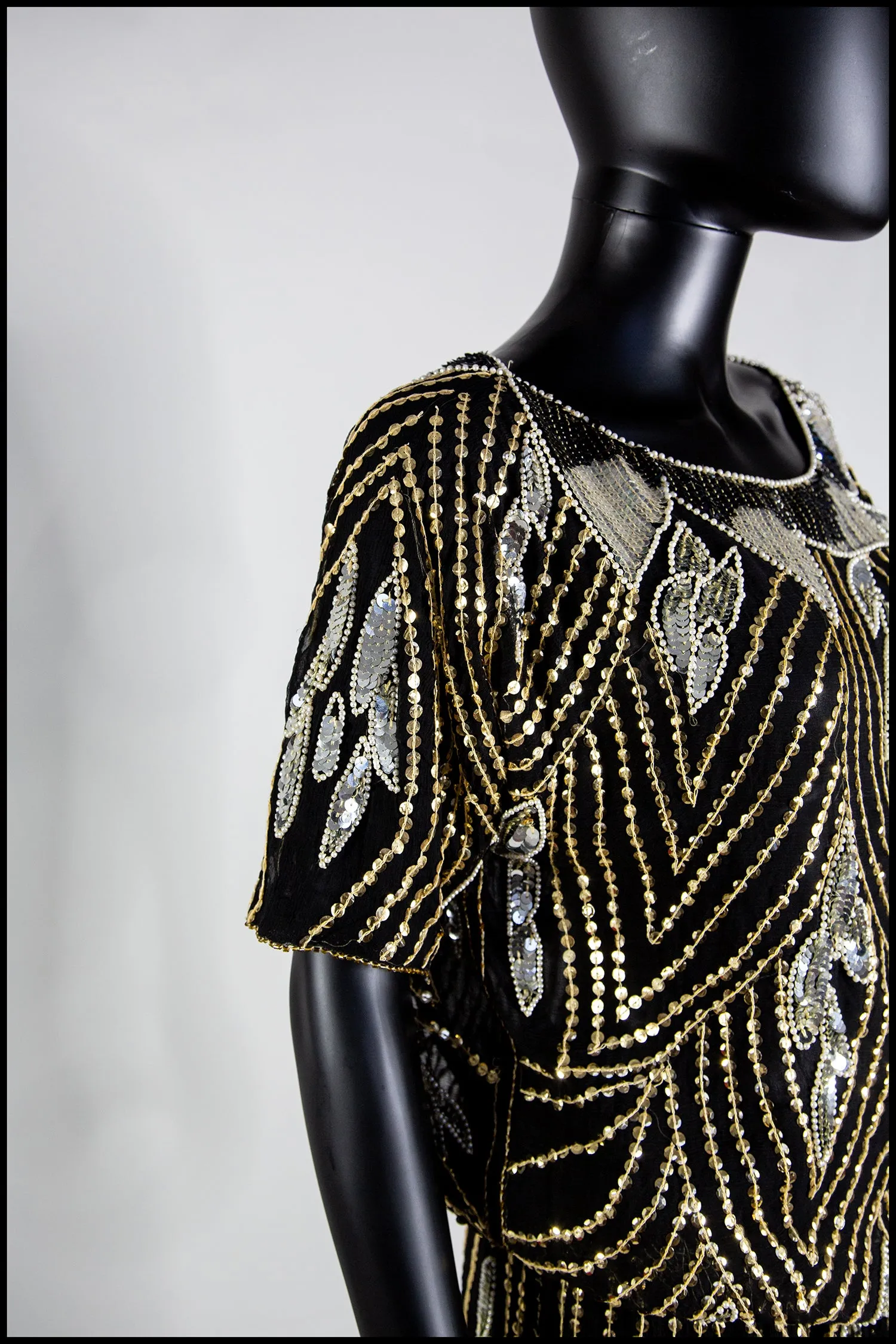 Vintage 1980s Gold Black Beaded Two Piece Dress