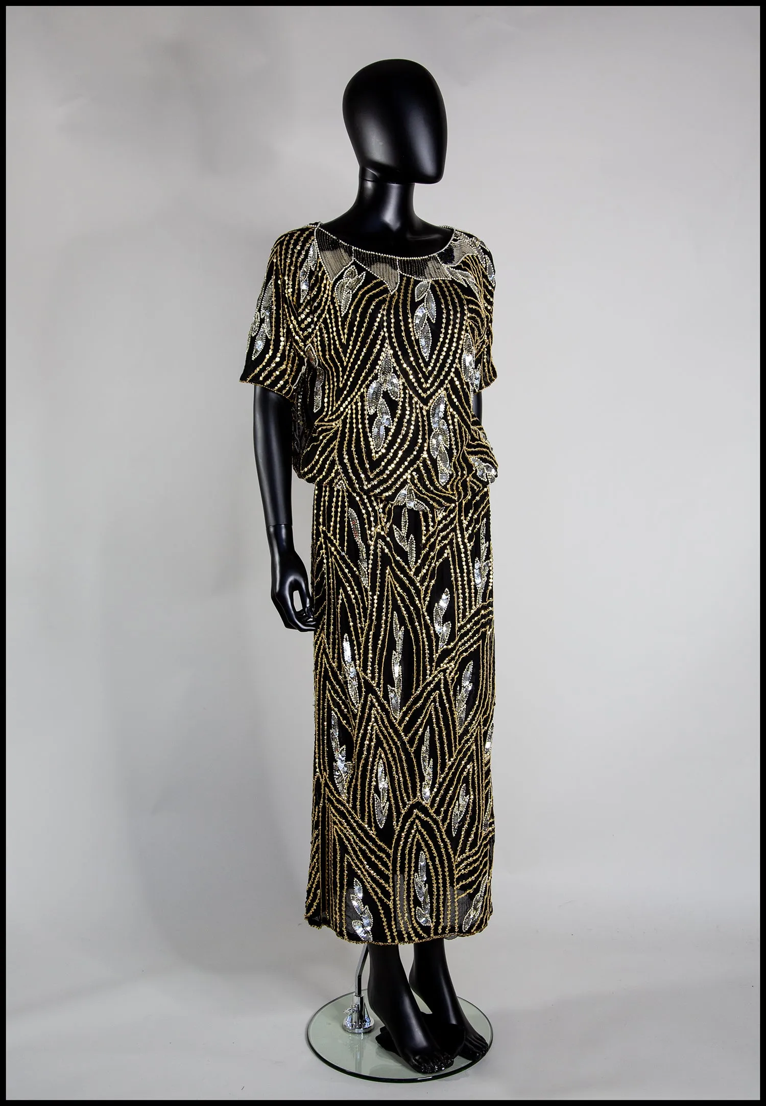 Vintage 1980s Gold Black Beaded Two Piece Dress