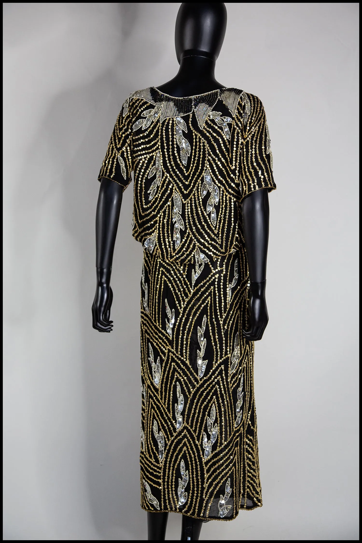 Vintage 1980s Gold Black Beaded Two Piece Dress