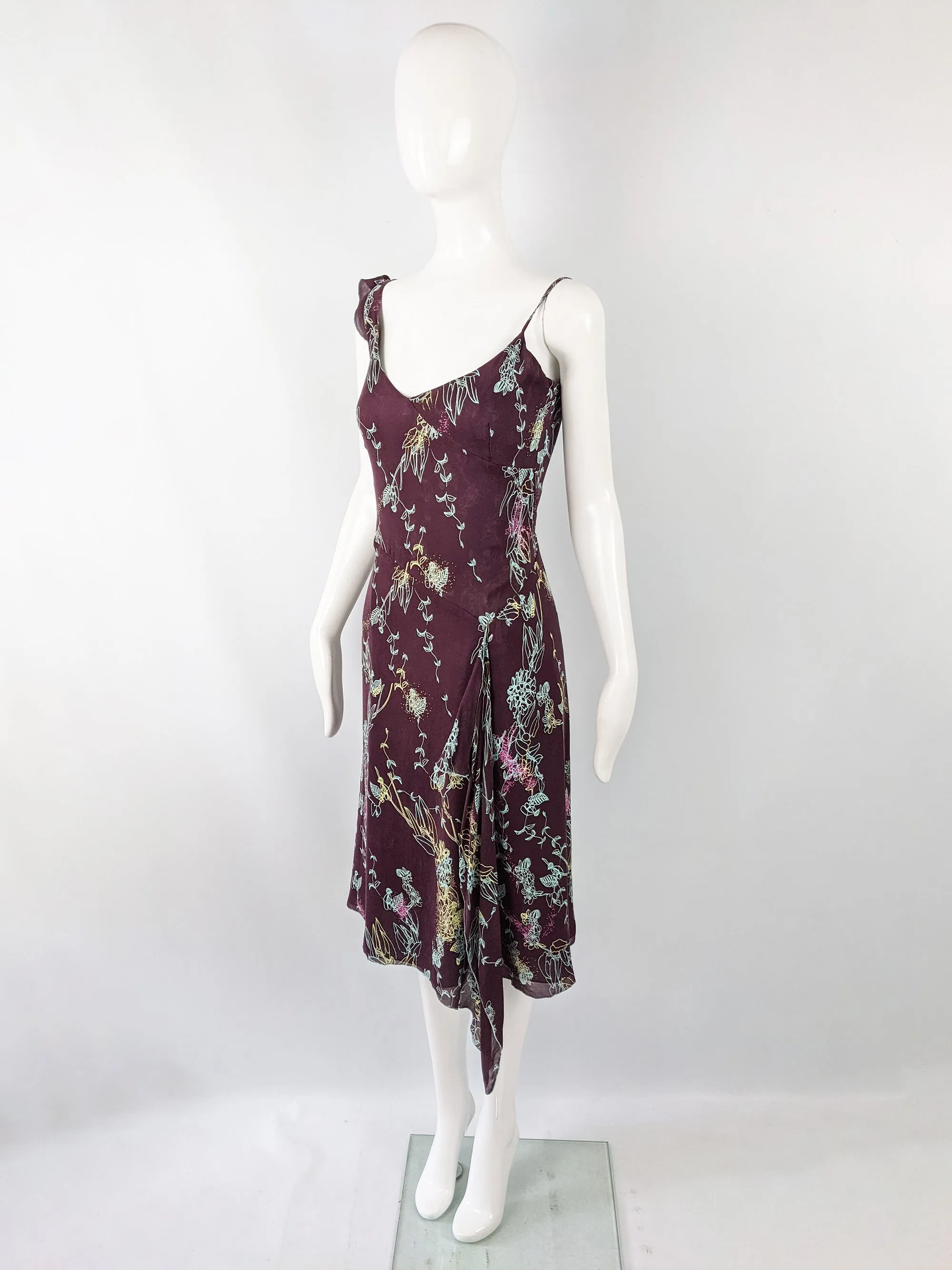 Vintage Purple Floral Draped Silk Slip Dress, 1990s