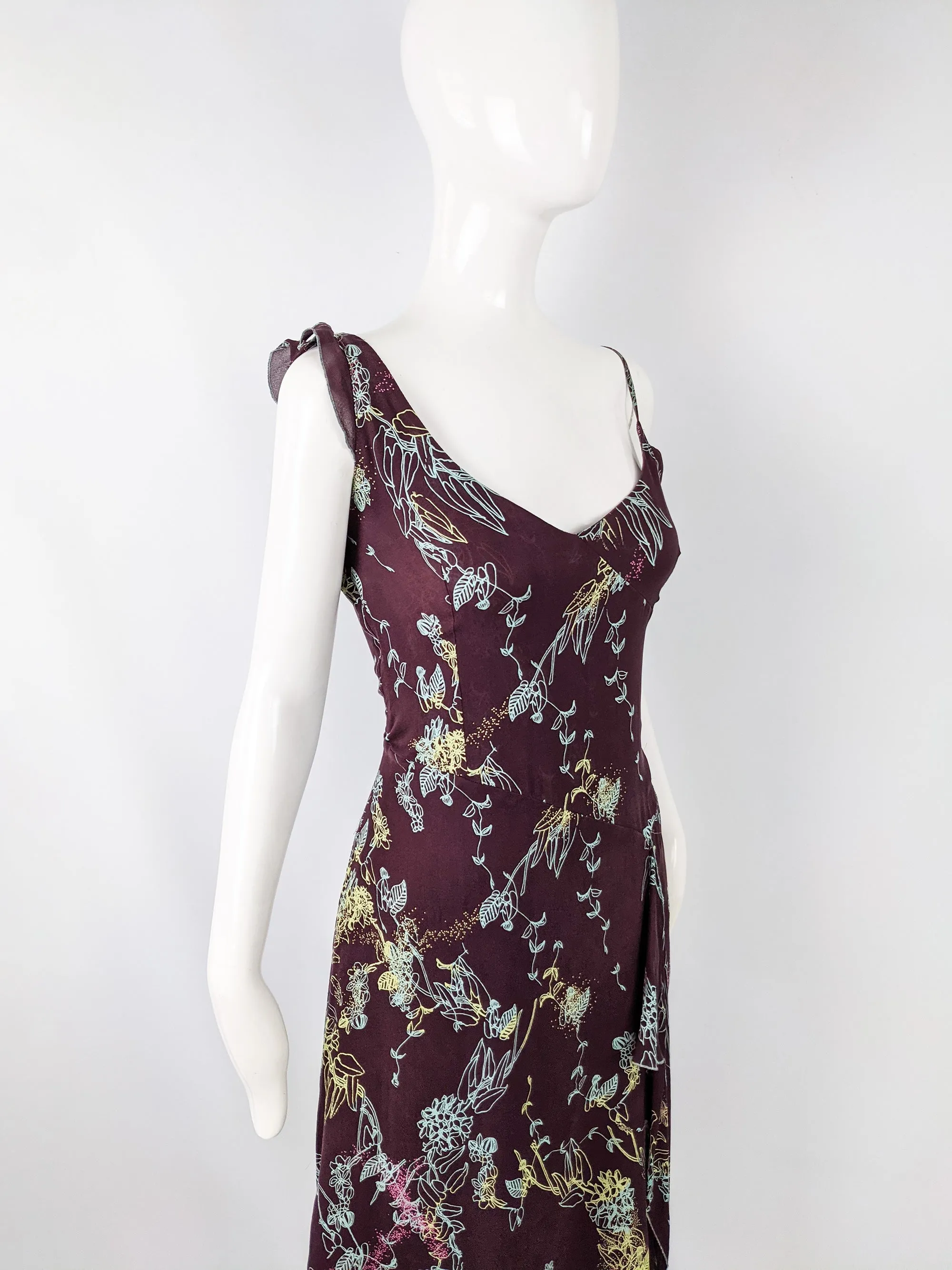 Vintage Purple Floral Draped Silk Slip Dress, 1990s