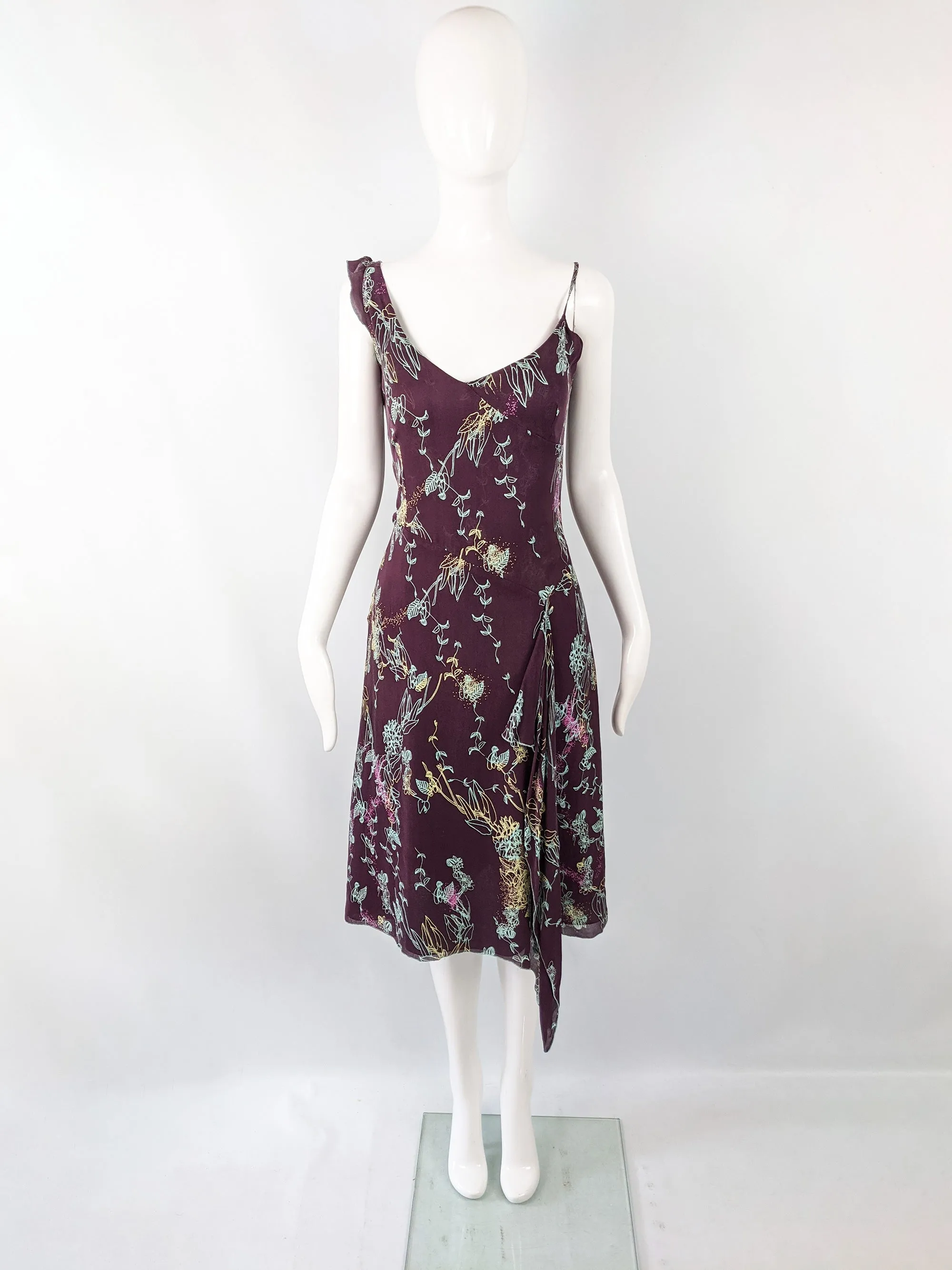 Vintage Purple Floral Draped Silk Slip Dress, 1990s