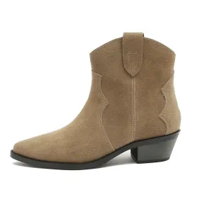 Western R Toe Cowgirl Boots Chelsea Boots Handmade Genuine Leather Ankle Boots in Black/Khaki/Apricot