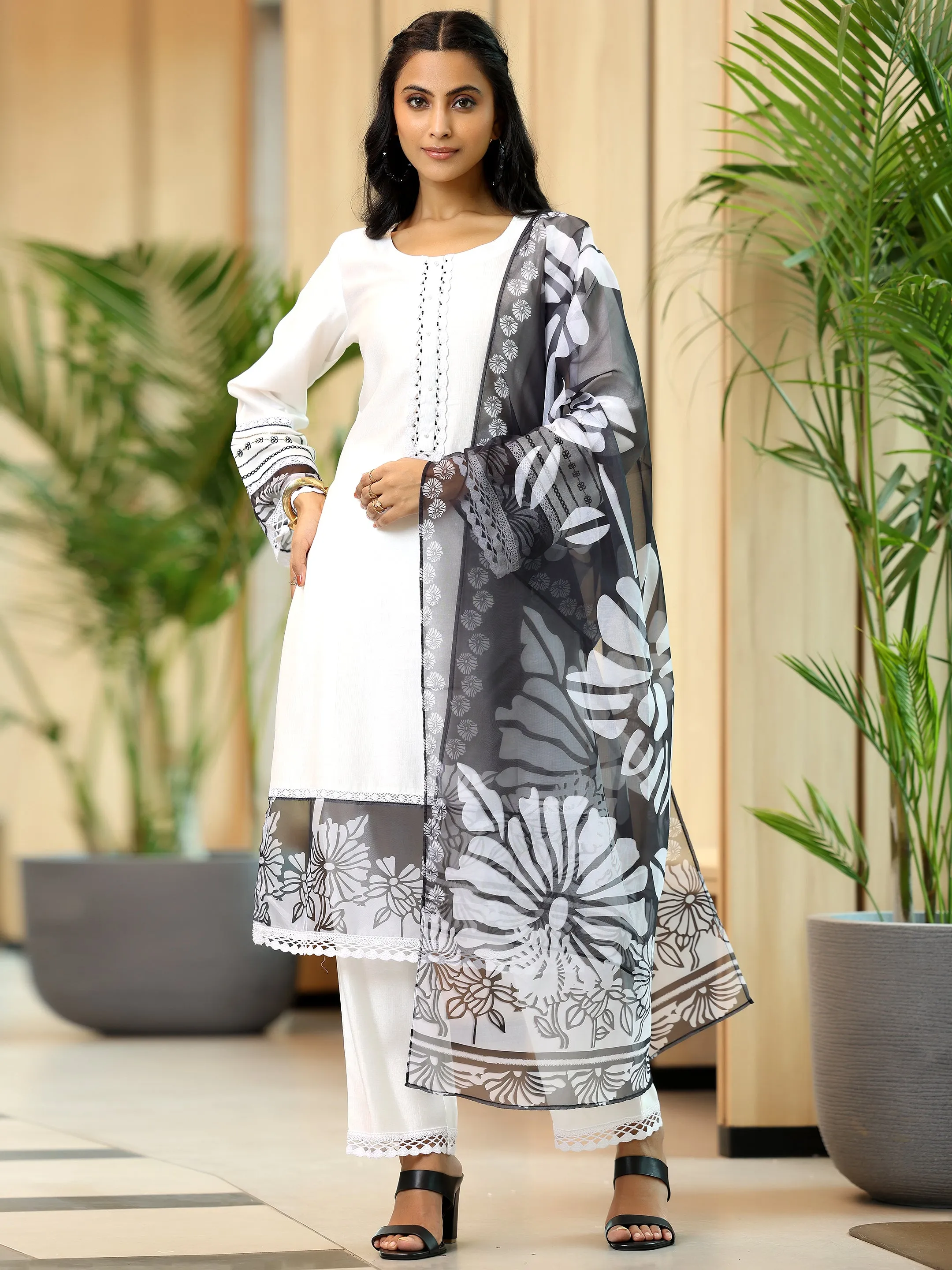 White Solid Silk Blend Straight Suit With Dupatta