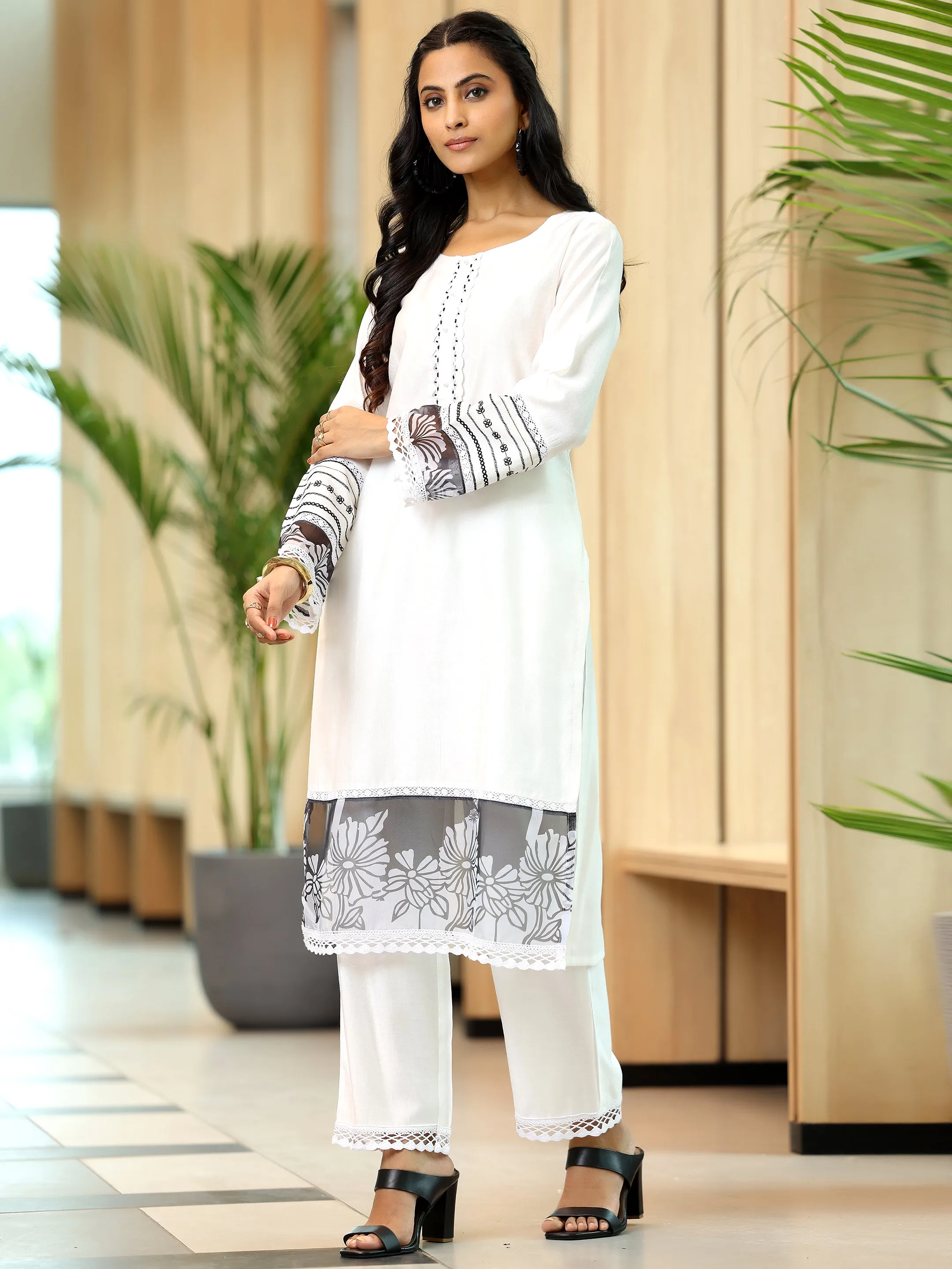 White Solid Silk Blend Straight Suit With Dupatta