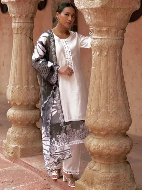 White Solid Silk Blend Straight Suit With Dupatta