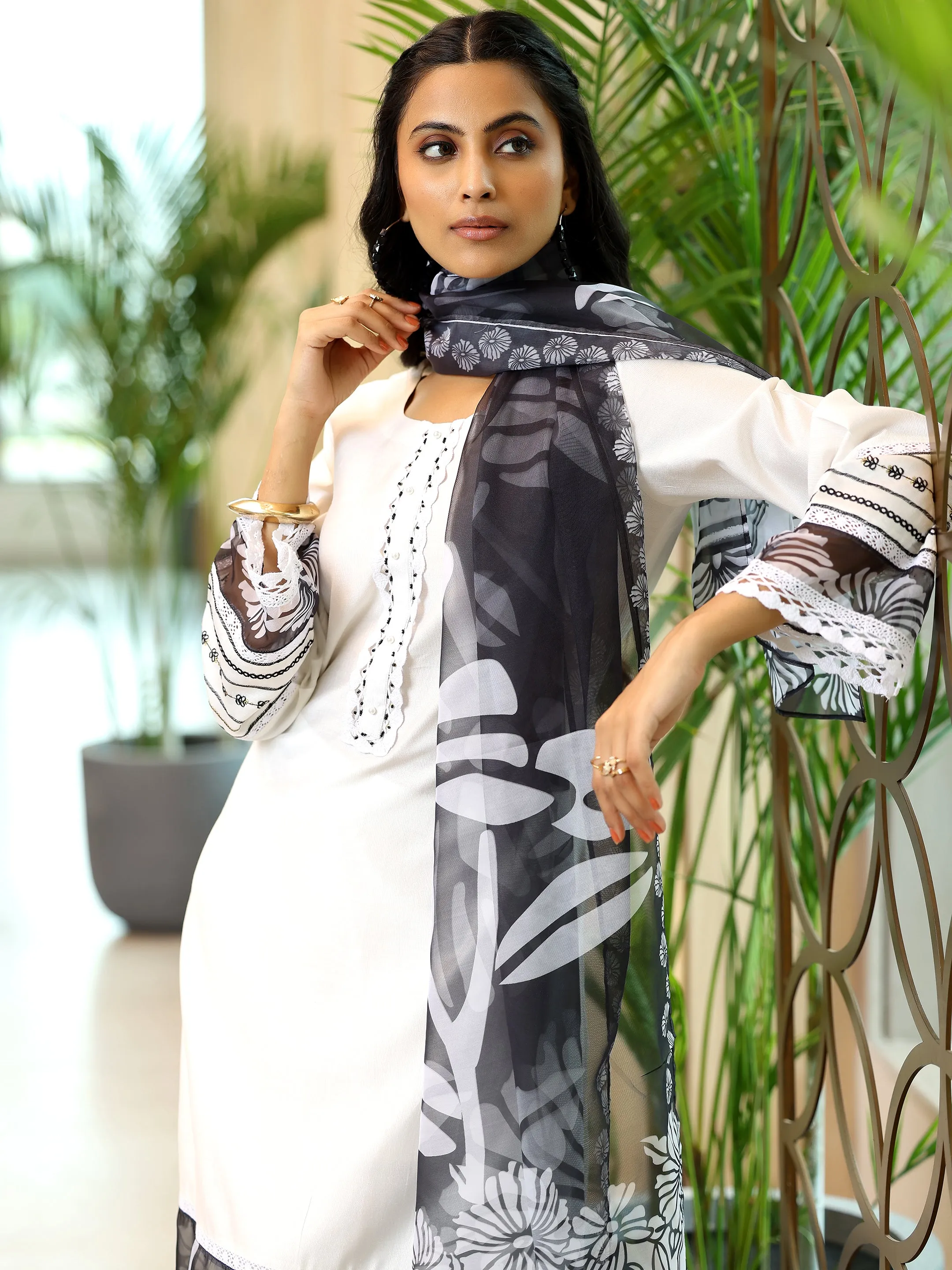 White Solid Silk Blend Straight Suit With Dupatta