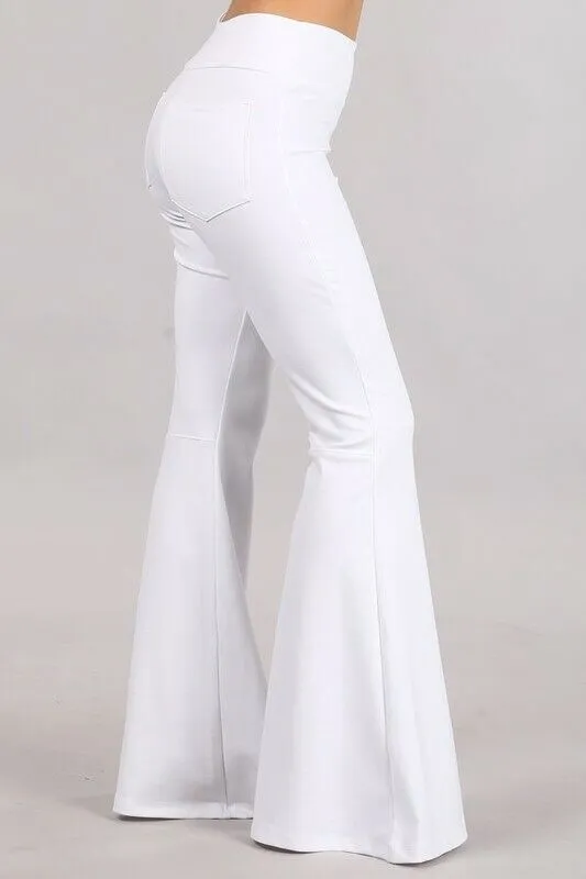 White Stretch Bell Flared Ponte Pull On Tummy Control Casual Boho Pants