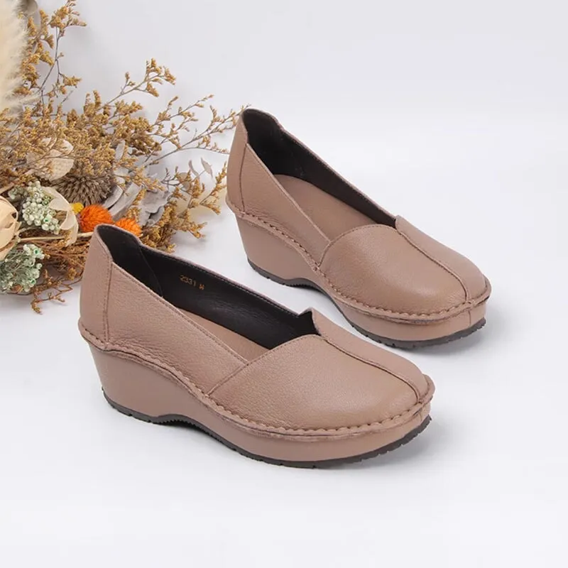 Wide Fit Soft Leather Loafers for Women Wedge Heel in Black/Apricot