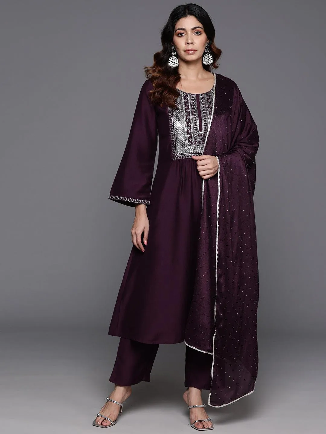 Wine Yoke Design Silk Blend A-Line Kurta With Trousers & Dupatta