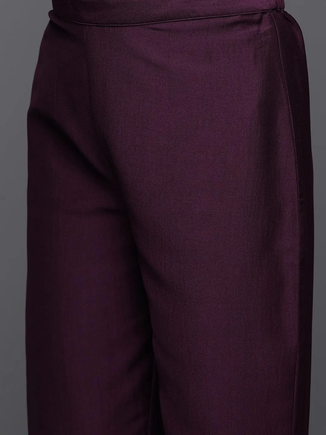 Wine Yoke Design Silk Blend A-Line Kurta With Trousers & Dupatta