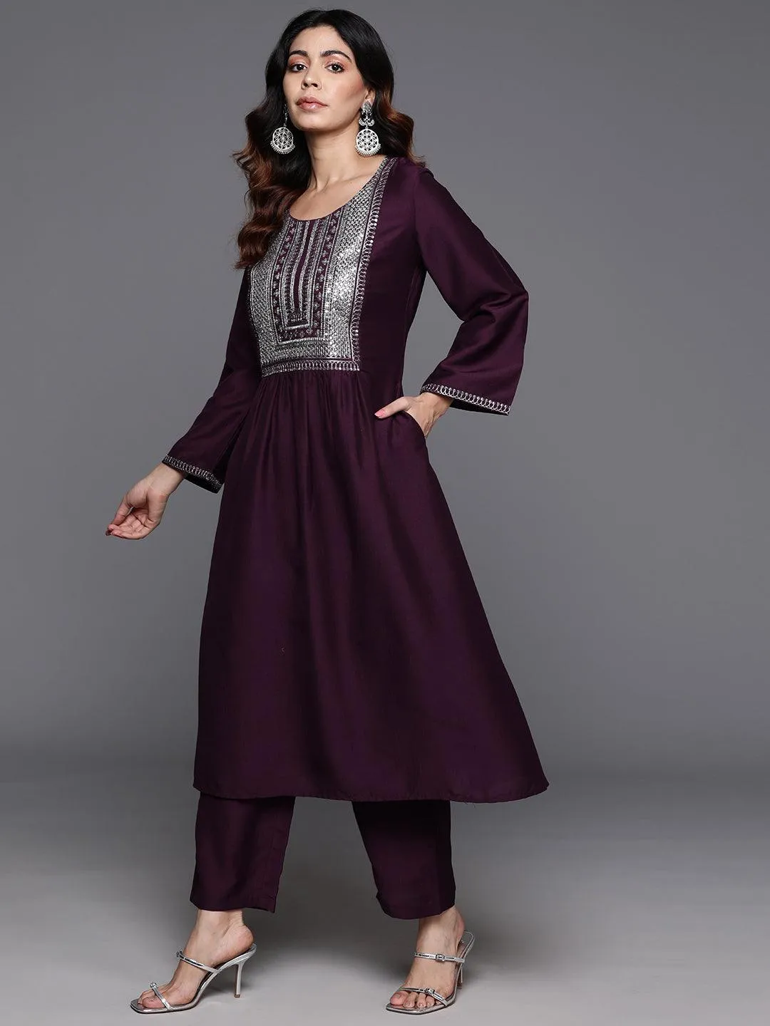 Wine Yoke Design Silk Blend A-Line Kurta With Trousers & Dupatta