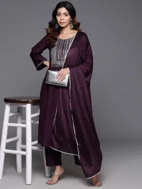 Wine Yoke Design Silk Blend A-Line Kurta With Trousers & Dupatta