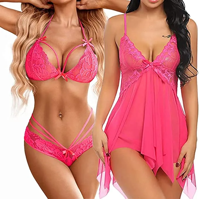 WOMAN BABYDOLL KNEE LENGTH LACE LINGERIE SET