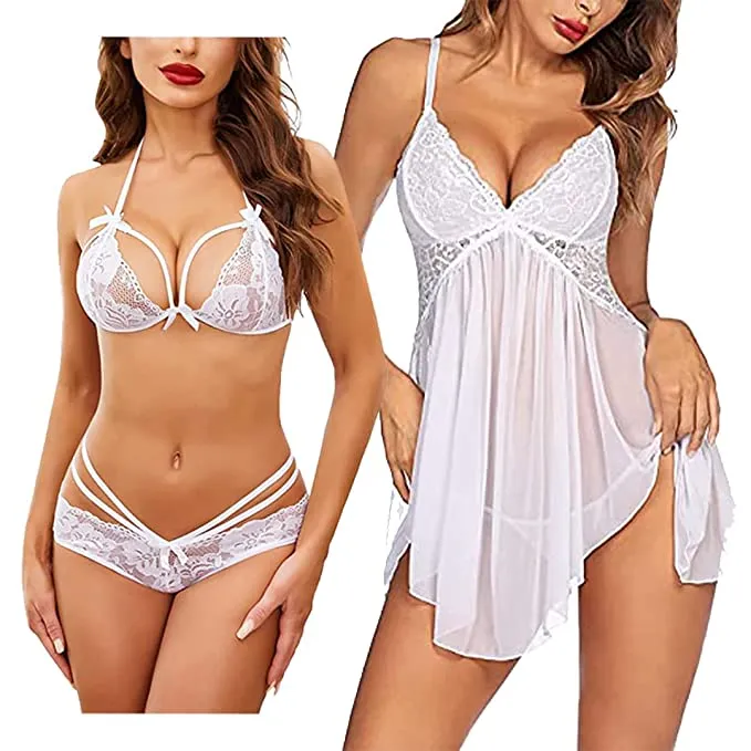 WOMAN BABYDOLL KNEE LENGTH LACE LINGERIE SET