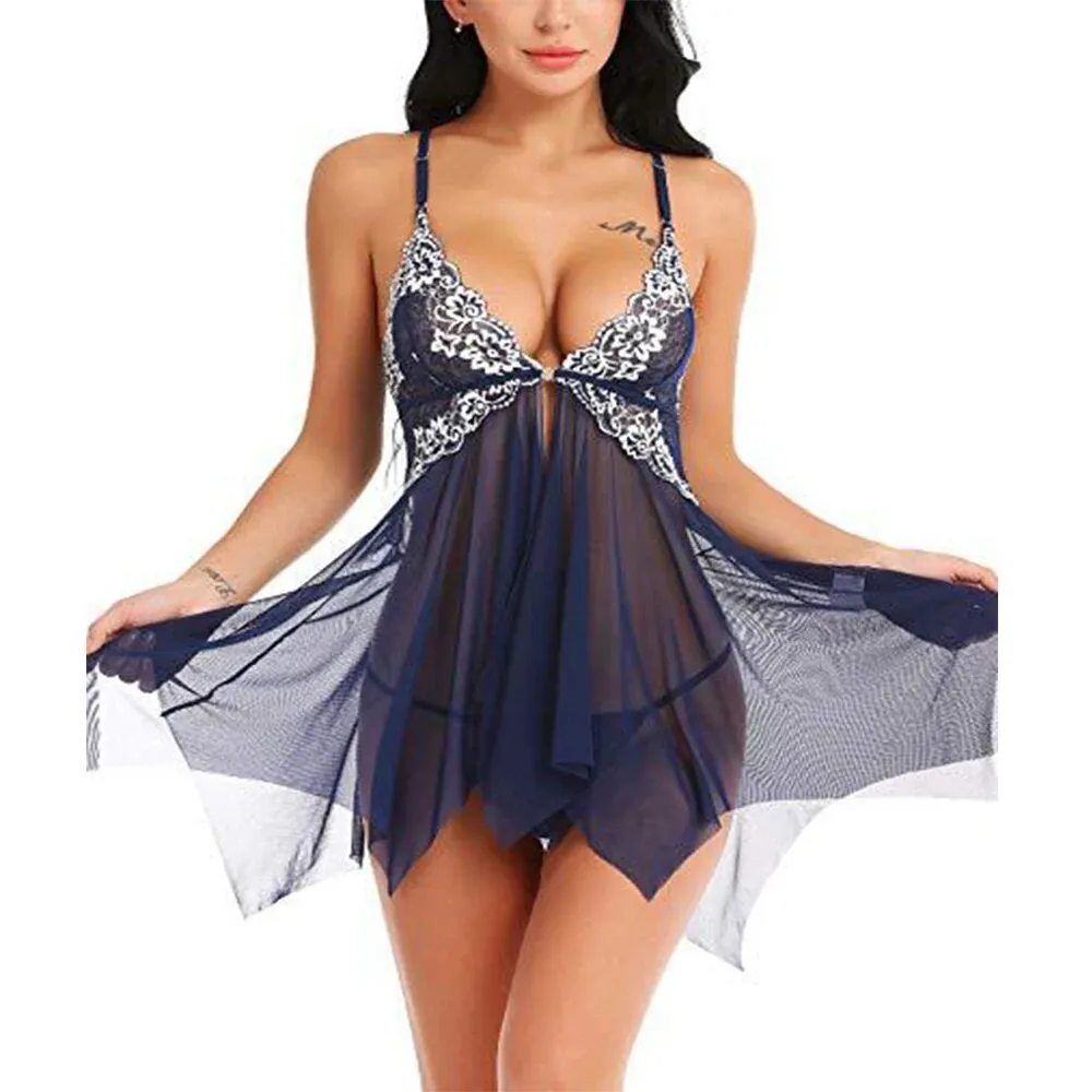 Women Sleepwear Lingerie Front Closure Babydoll Lace Mesh Set