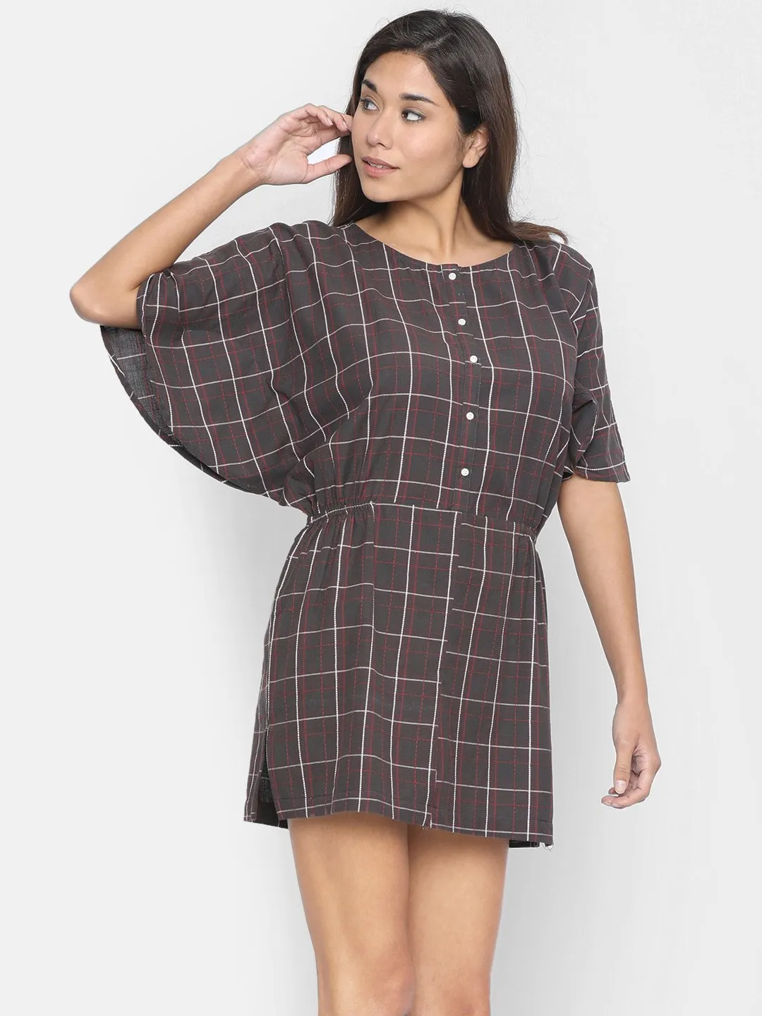 Women Taupe Checked Blouson Dress - (Clearance - Final Sale)