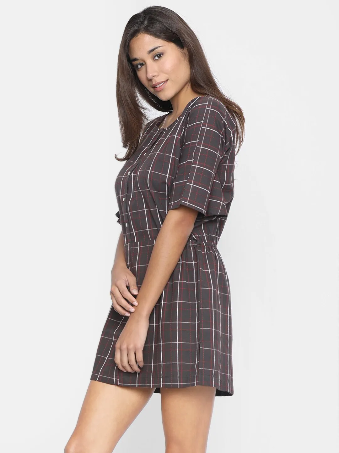 Women Taupe Checked Blouson Dress - (Clearance - Final Sale)