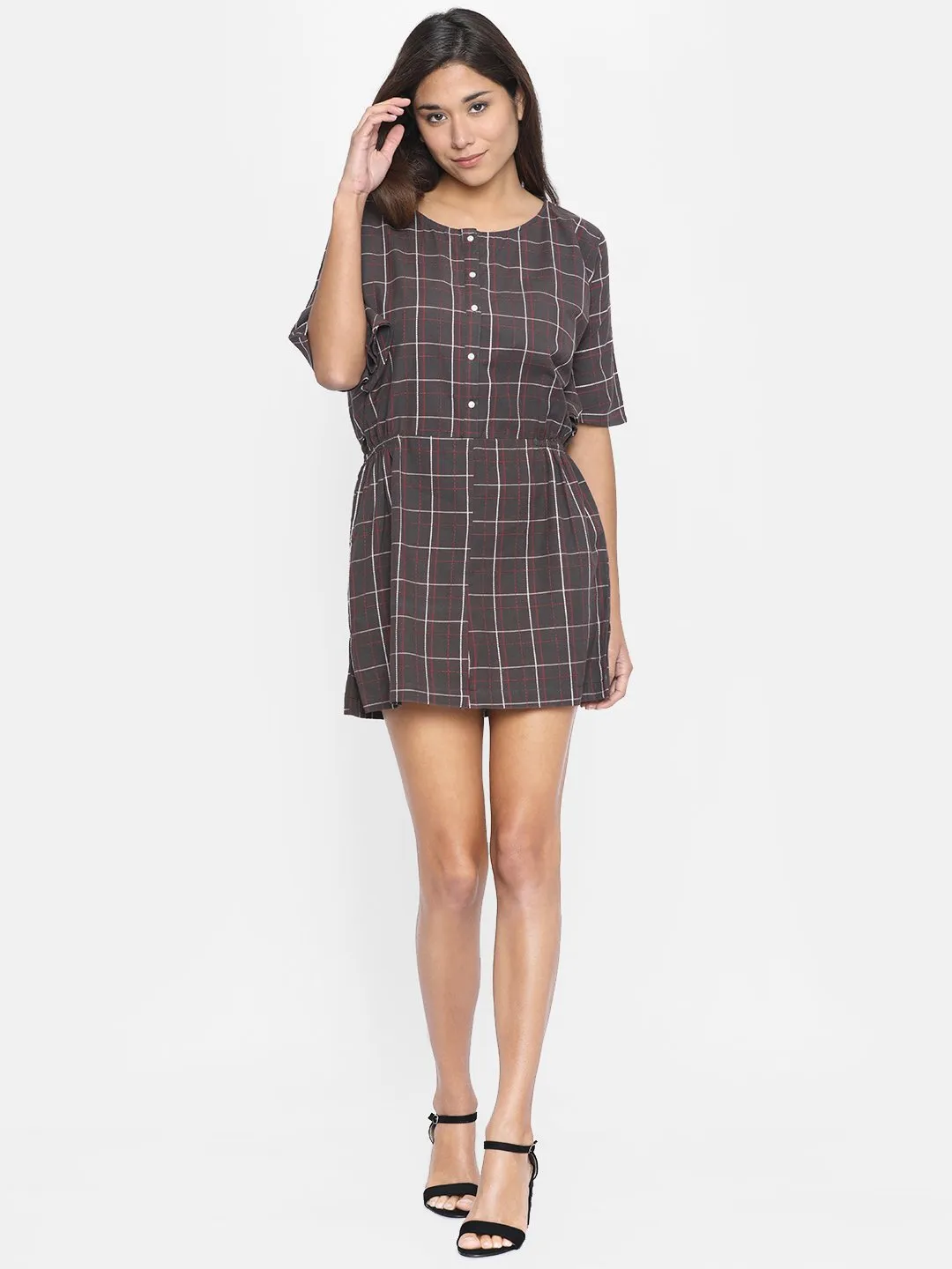 Women Taupe Checked Blouson Dress - (Clearance - Final Sale)