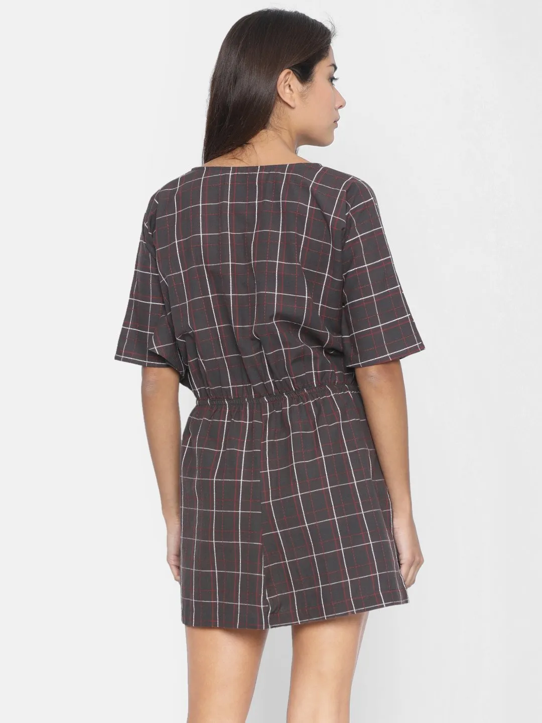 Women Taupe Checked Blouson Dress - (Clearance - Final Sale)