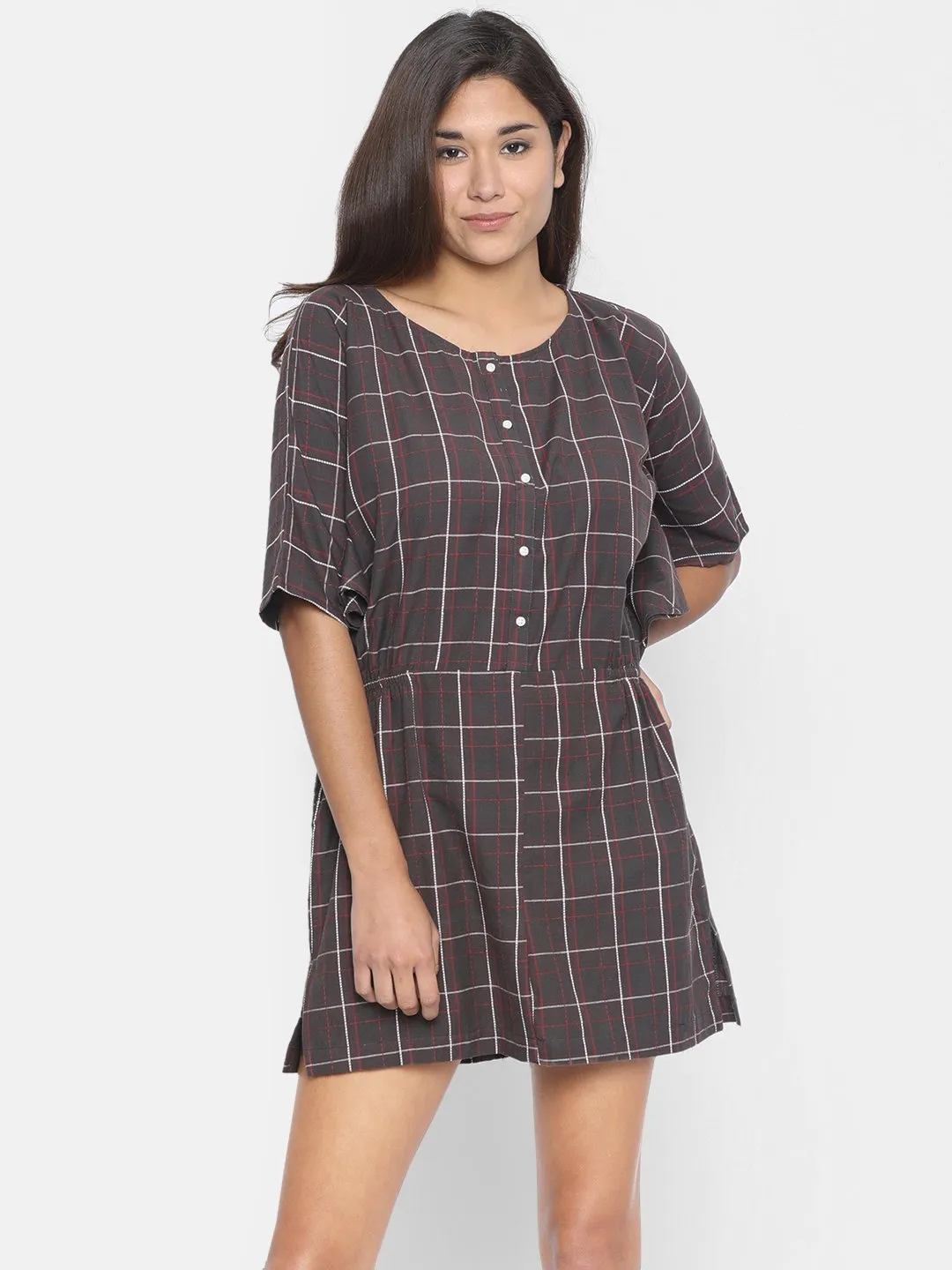 Women Taupe Checked Blouson Dress - (Clearance - Final Sale)