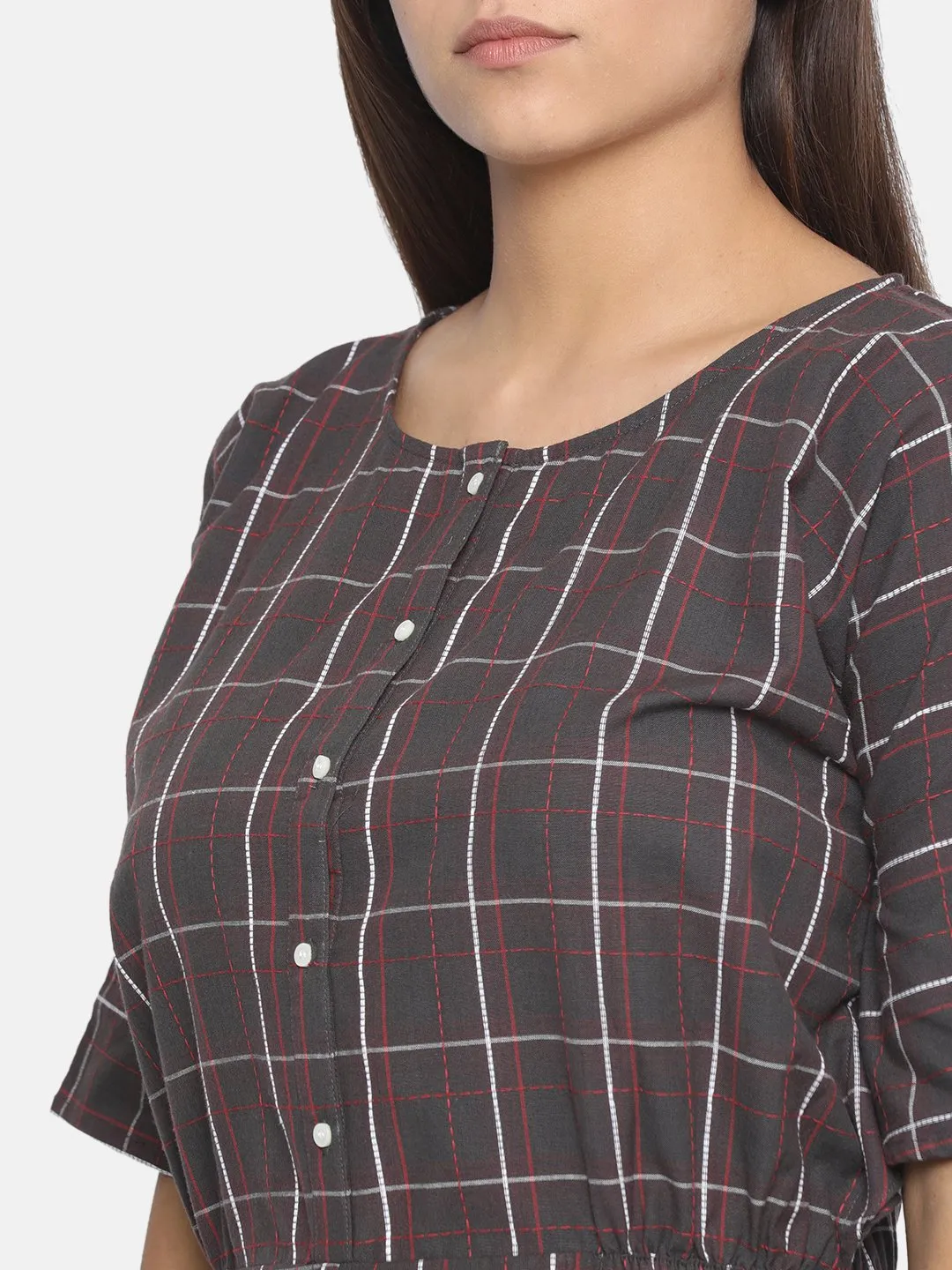 Women Taupe Checked Blouson Dress - (Clearance - Final Sale)