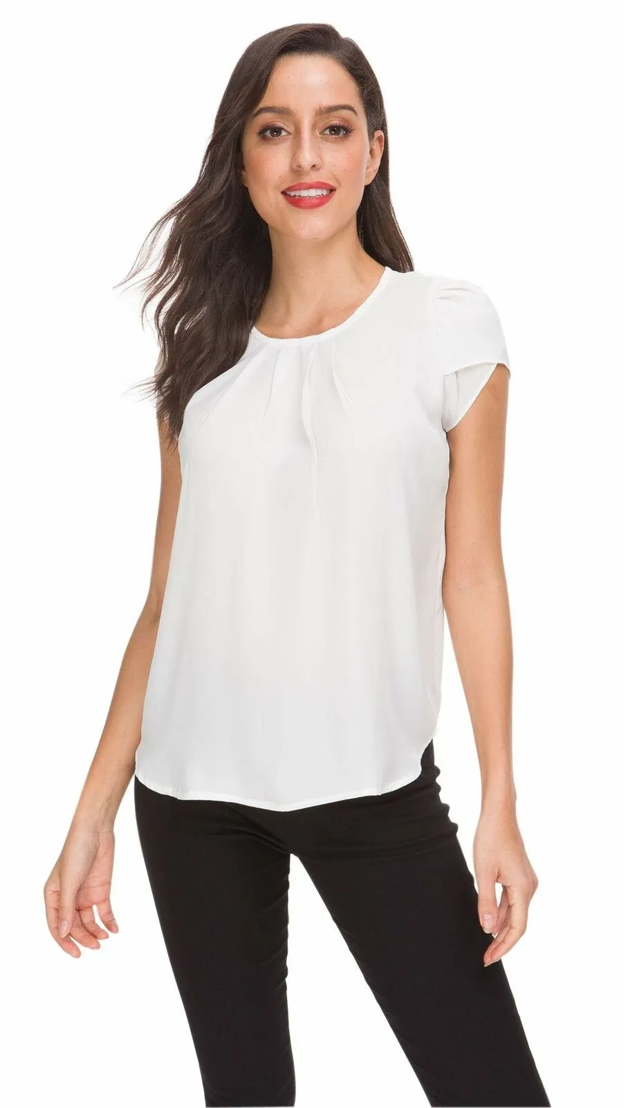 Womens Chiffon Simple Pleated Casual Blouse Round Neck Short Sleeve Tops