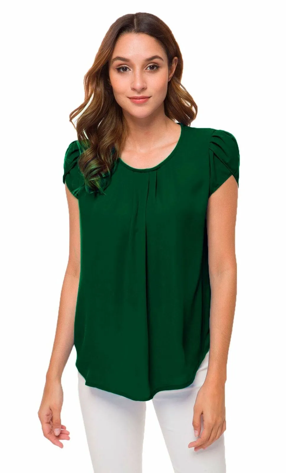 Womens Chiffon Simple Pleated Casual Blouse Round Neck Short Sleeve Tops