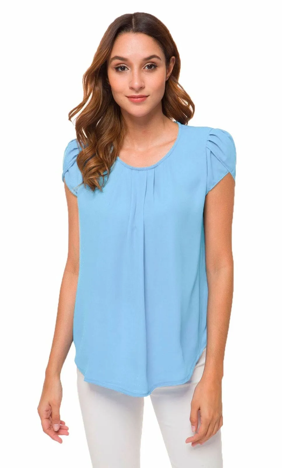 Womens Chiffon Simple Pleated Casual Blouse Round Neck Short Sleeve Tops