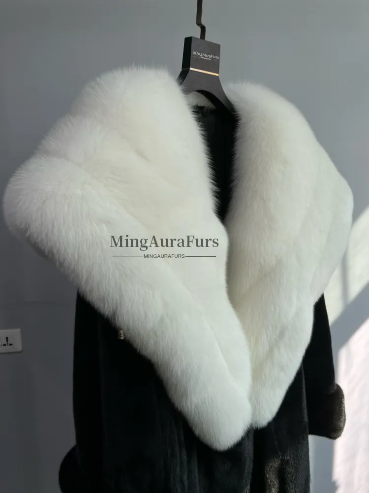 Women's Mink Fur Coat with Fox Fur Collar - White Fox and Mink - G0055