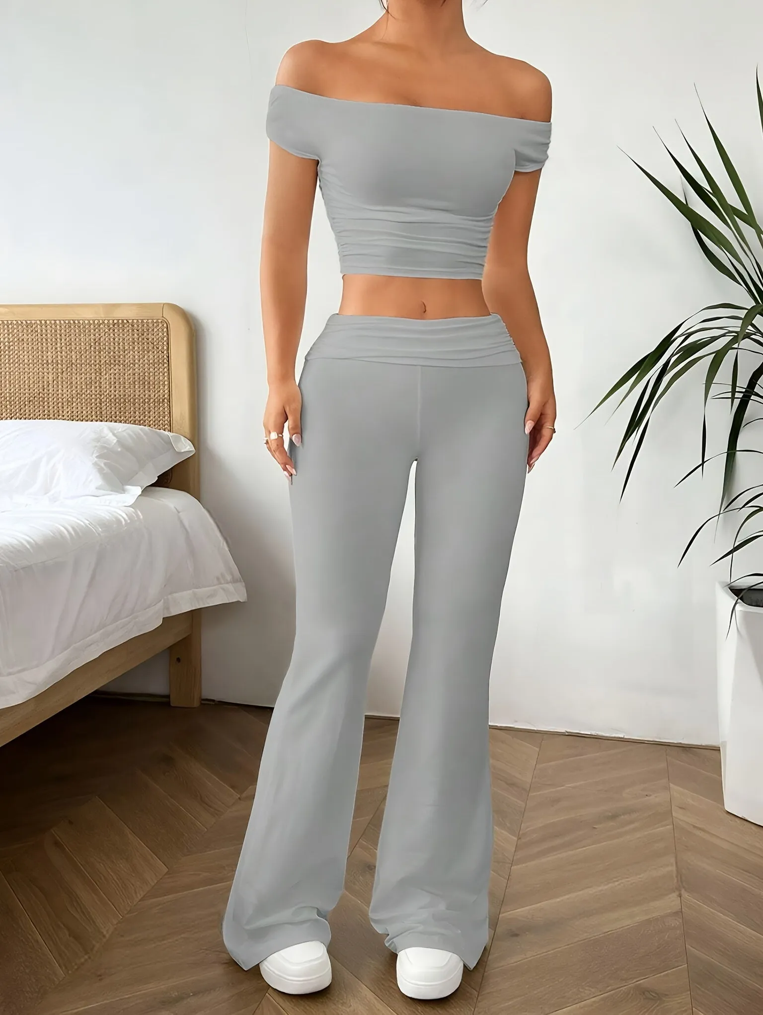 Women's Solid Color Casual Pants Set - Off Shoulder Crop Top, Flared Leg, Comfortable, Stylish, and Chic Outfit for Everyday Wear