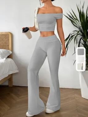 Women's Solid Color Casual Pants Set - Off Shoulder Crop Top, Flared Leg, Comfortable, Stylish, and Chic Outfit for Everyday Wear