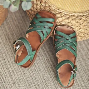 Woven Leather Gladiator Sandals for Women Flat Ankle Strap in Green/Yellow/Beige