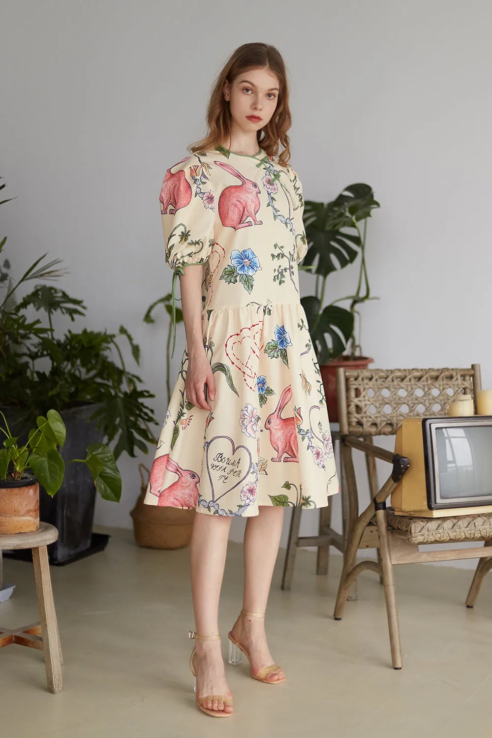 XUNRUO | Plant And Rabbit Improved Cheongsam Dress