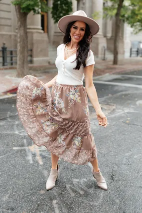 Zoe Floral Midi Skirt in Mocha