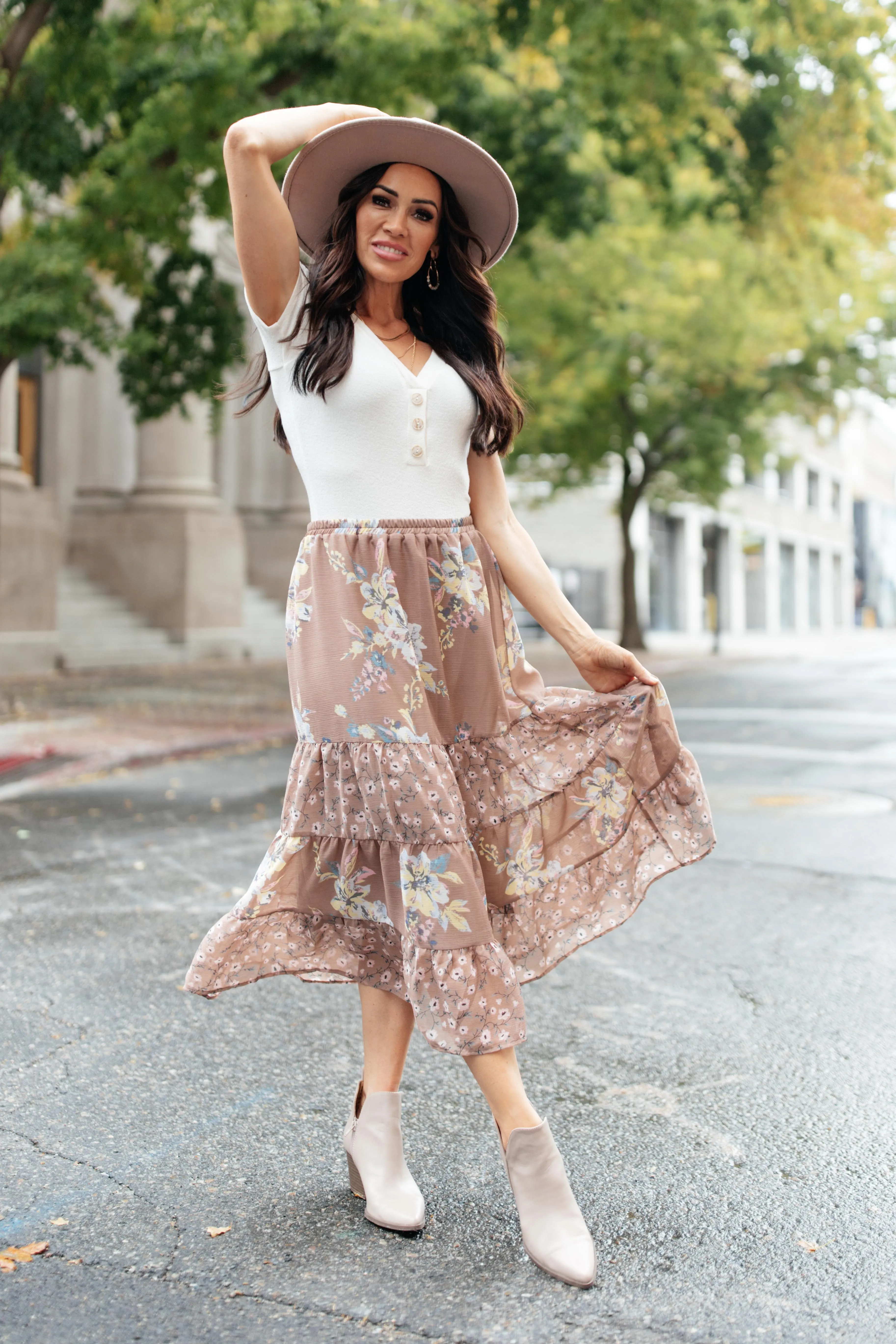 Zoe Floral Midi Skirt in Mocha